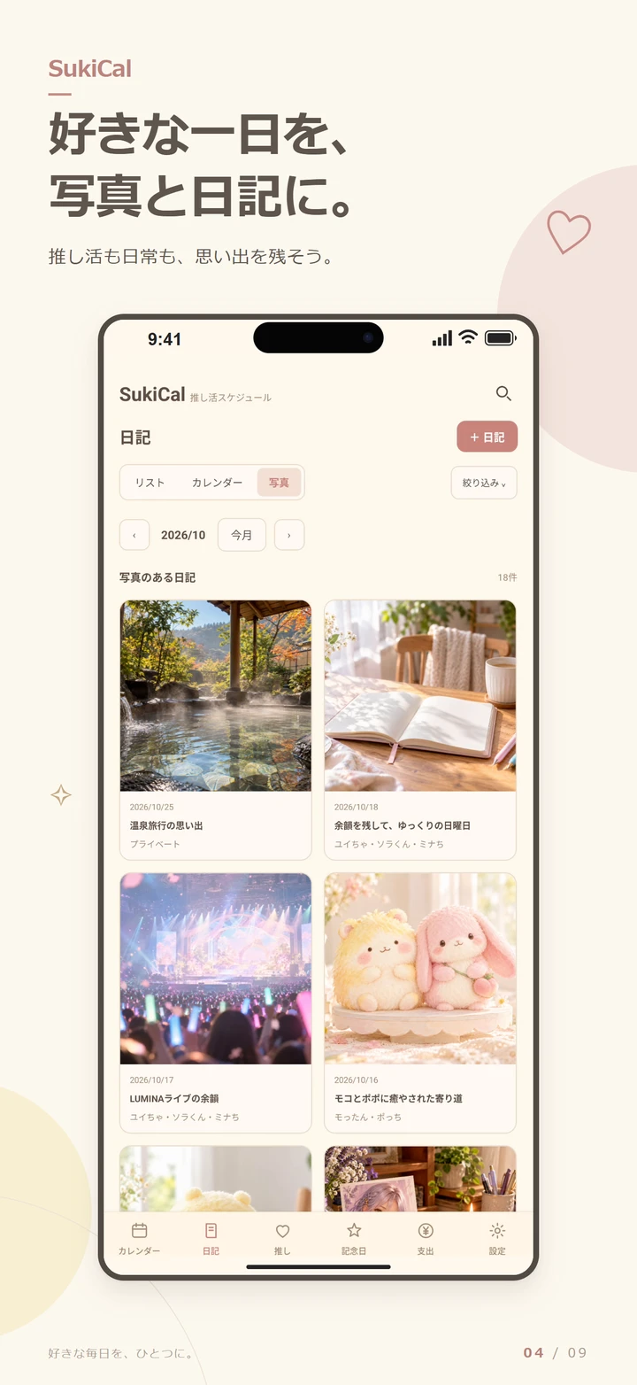 写真付きの日記の画面